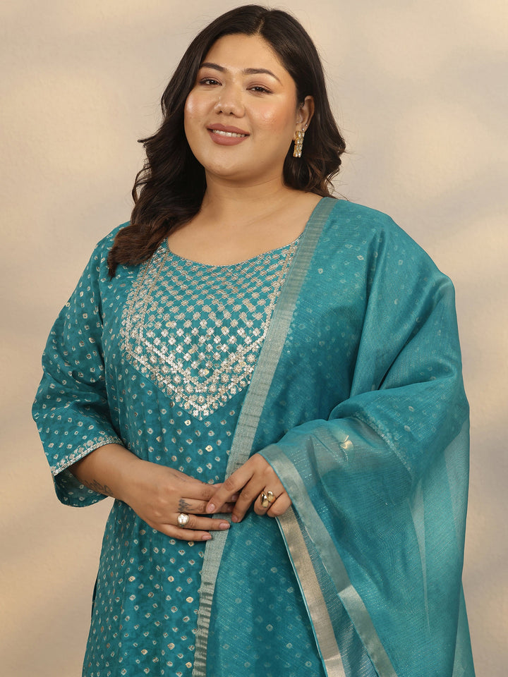 Plus Size Blue Printed Silk Blend Straight Suit Set With Dupatta