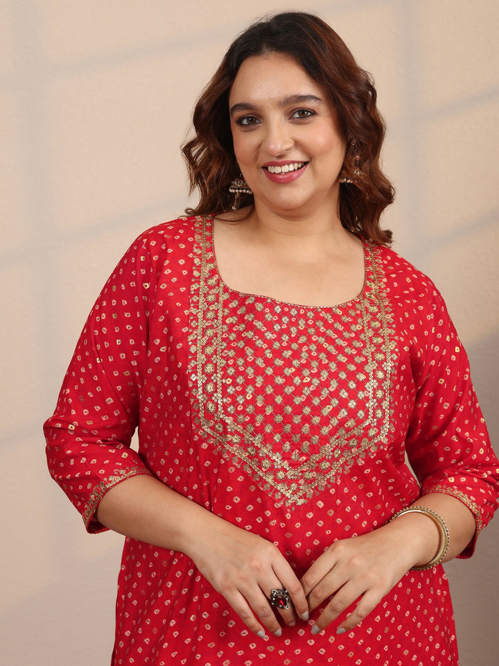 Plus Size Red Printed Silk Blend Straight Suit Set With Dupatta