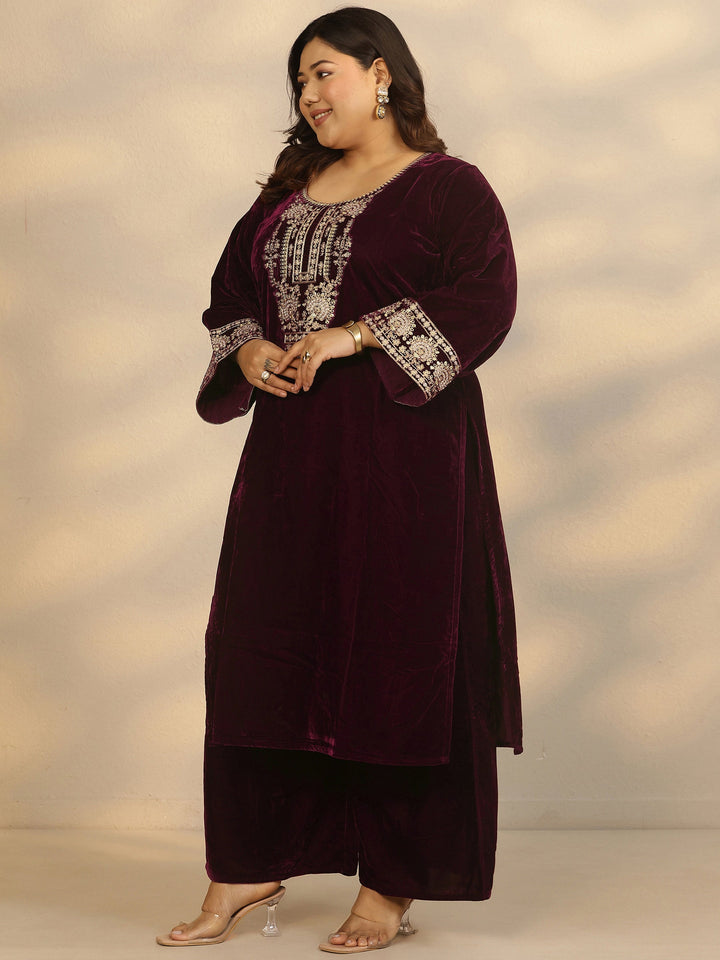 Plus Size Maroon Embroidered Velvet Straight Suit Set With Dupatta
