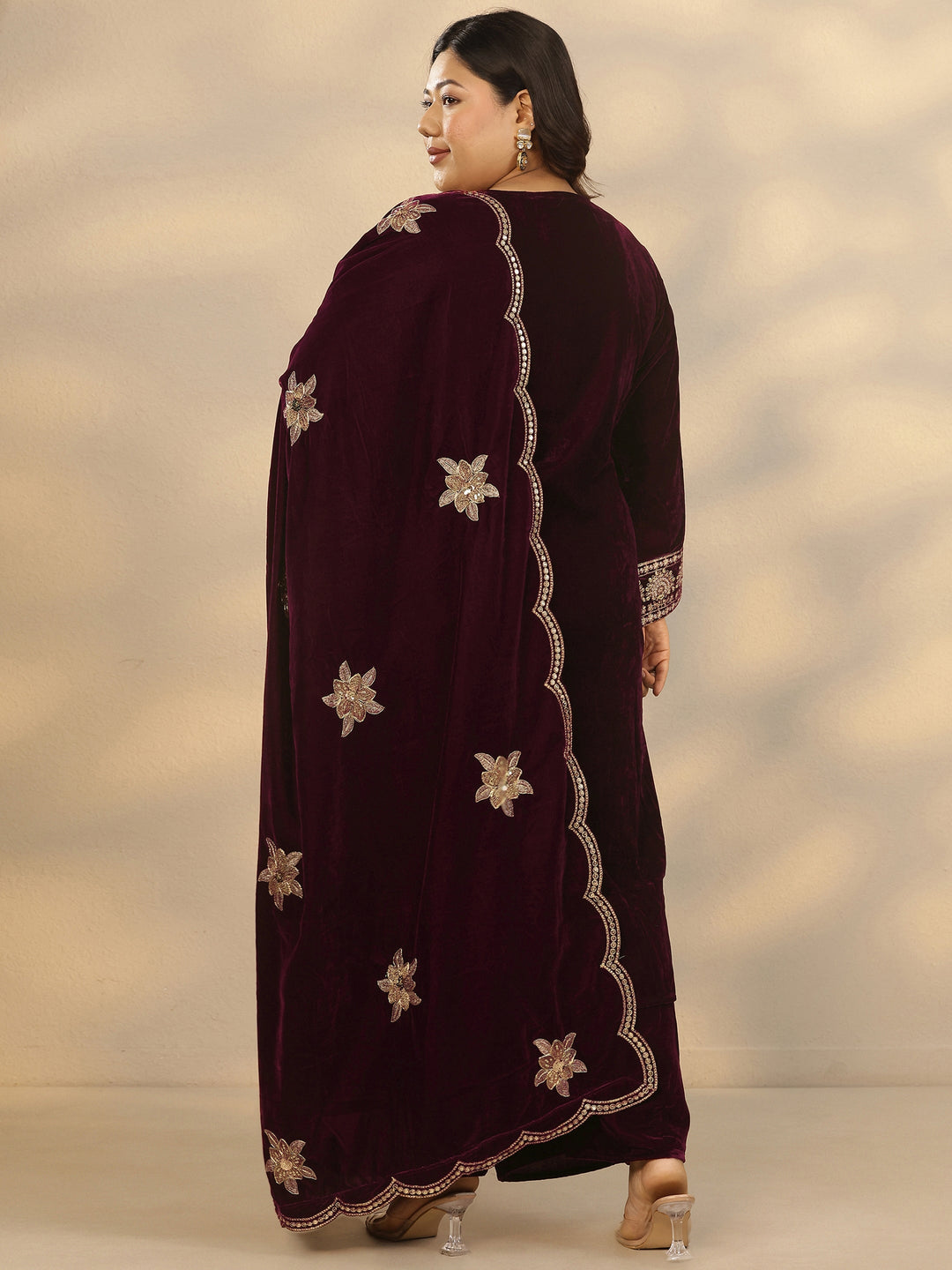 Plus Size Maroon Embroidered Velvet Straight Suit Set With Dupatta
