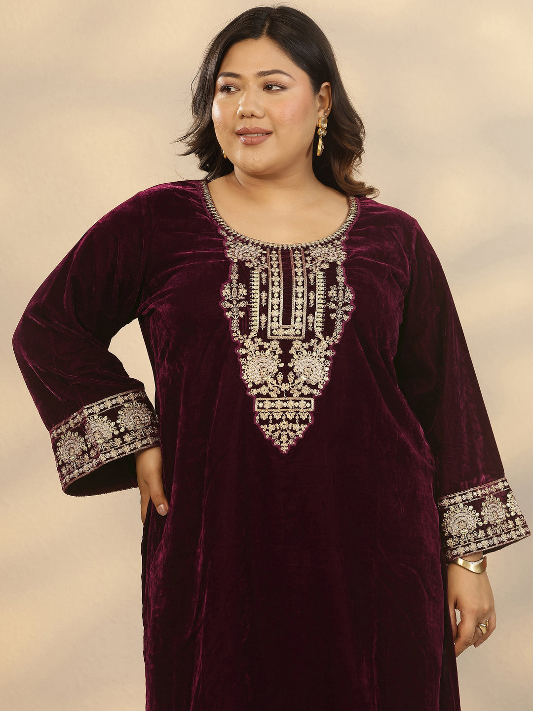 Plus Size Maroon Embroidered Velvet Straight Suit Set With Dupatta
