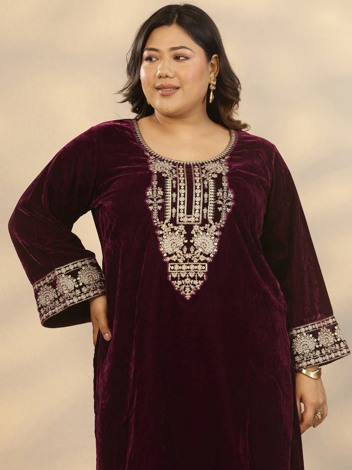 Plus Size Maroon Embroidered Velvet Straight Suit Set With Dupatta