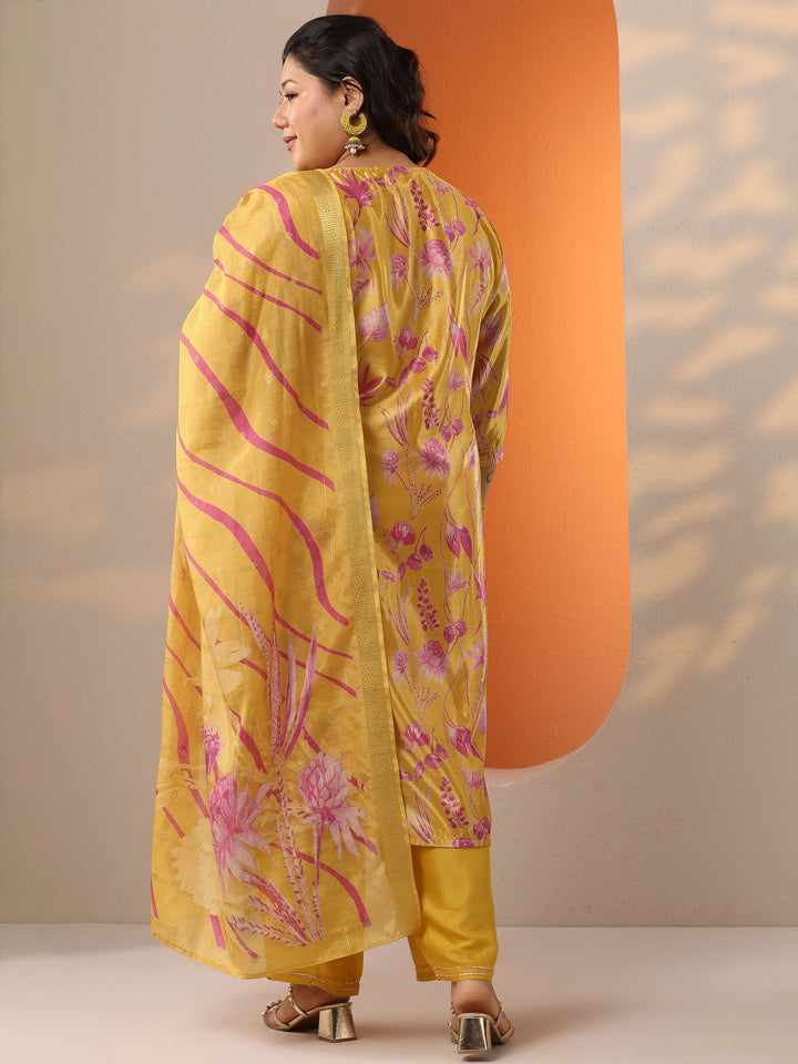 Plus Size Mustard Printed Chinon Straight Suit Set With Dupatta