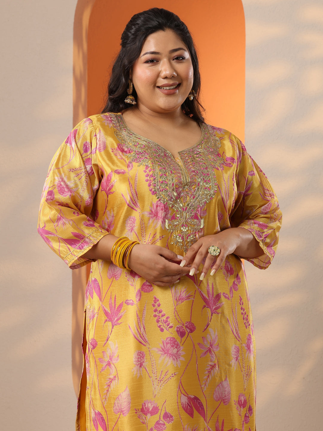 Plus Size Mustard Printed Chinon Straight Suit Set With Dupatta