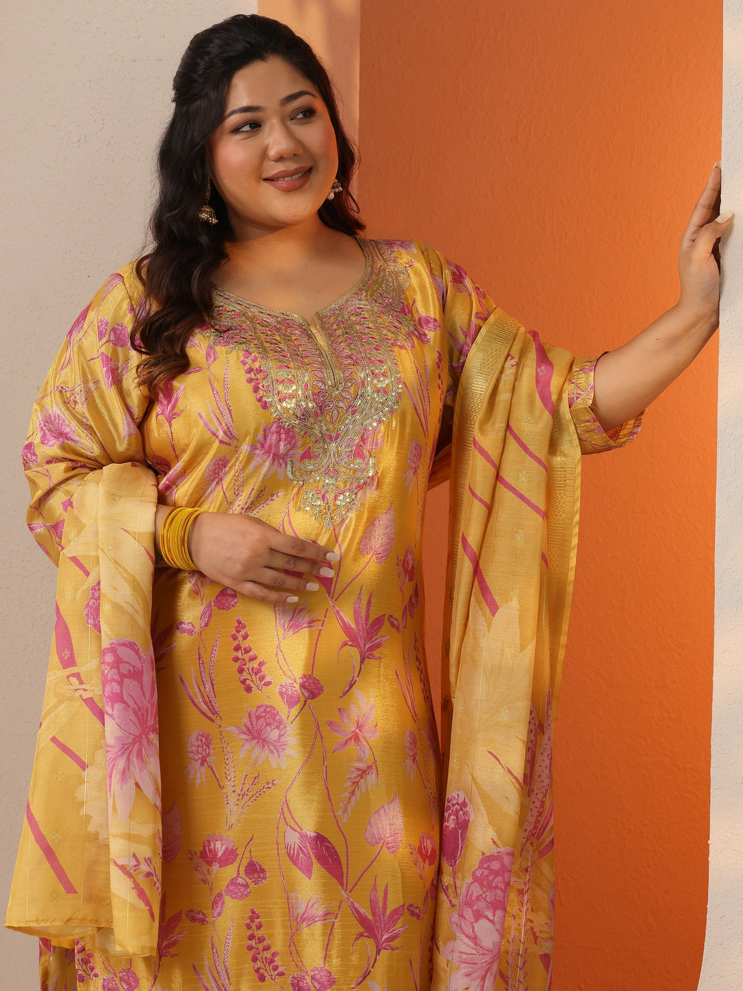 Plus Size Mustard Printed Chinon Straight Suit Set With Dupatta