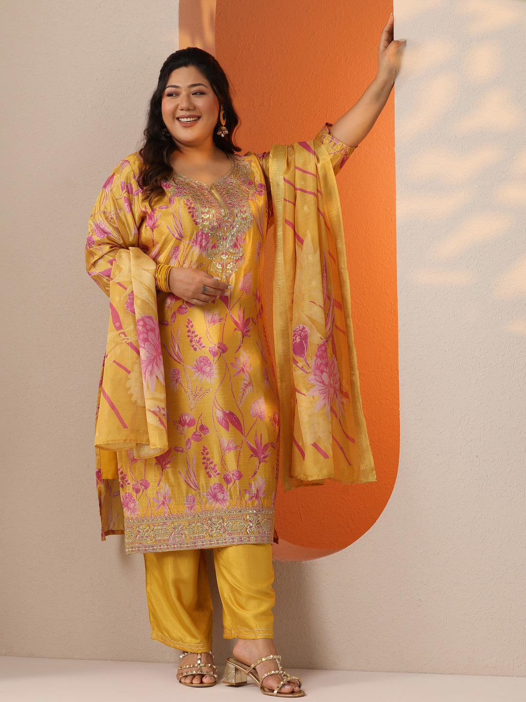 Plus Size Mustard Printed Chinon Straight Suit Set With Dupatta