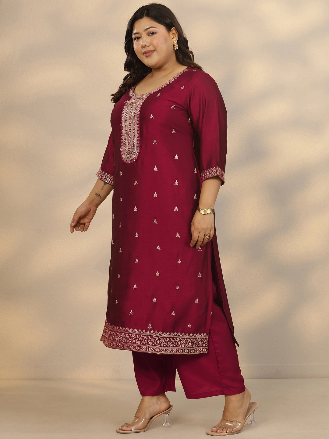Plus Size Maroon Embroidered Silk Blend Straight Suit Set With Dupatta