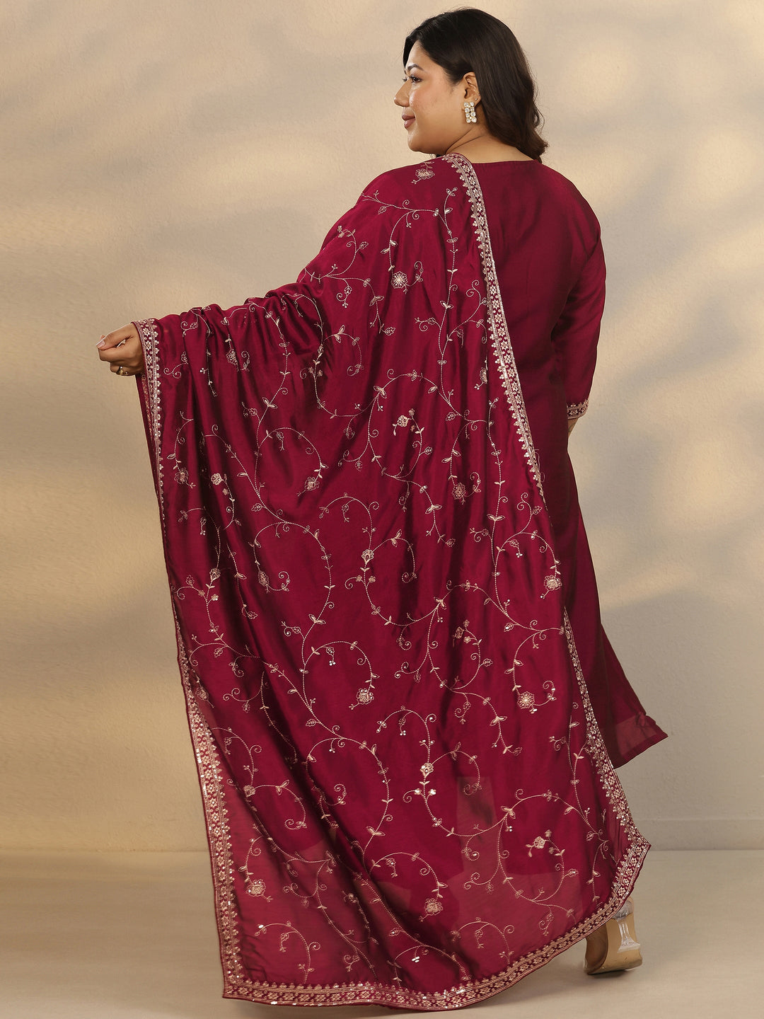 Plus Size Maroon Embroidered Silk Blend Straight Suit Set With Dupatta