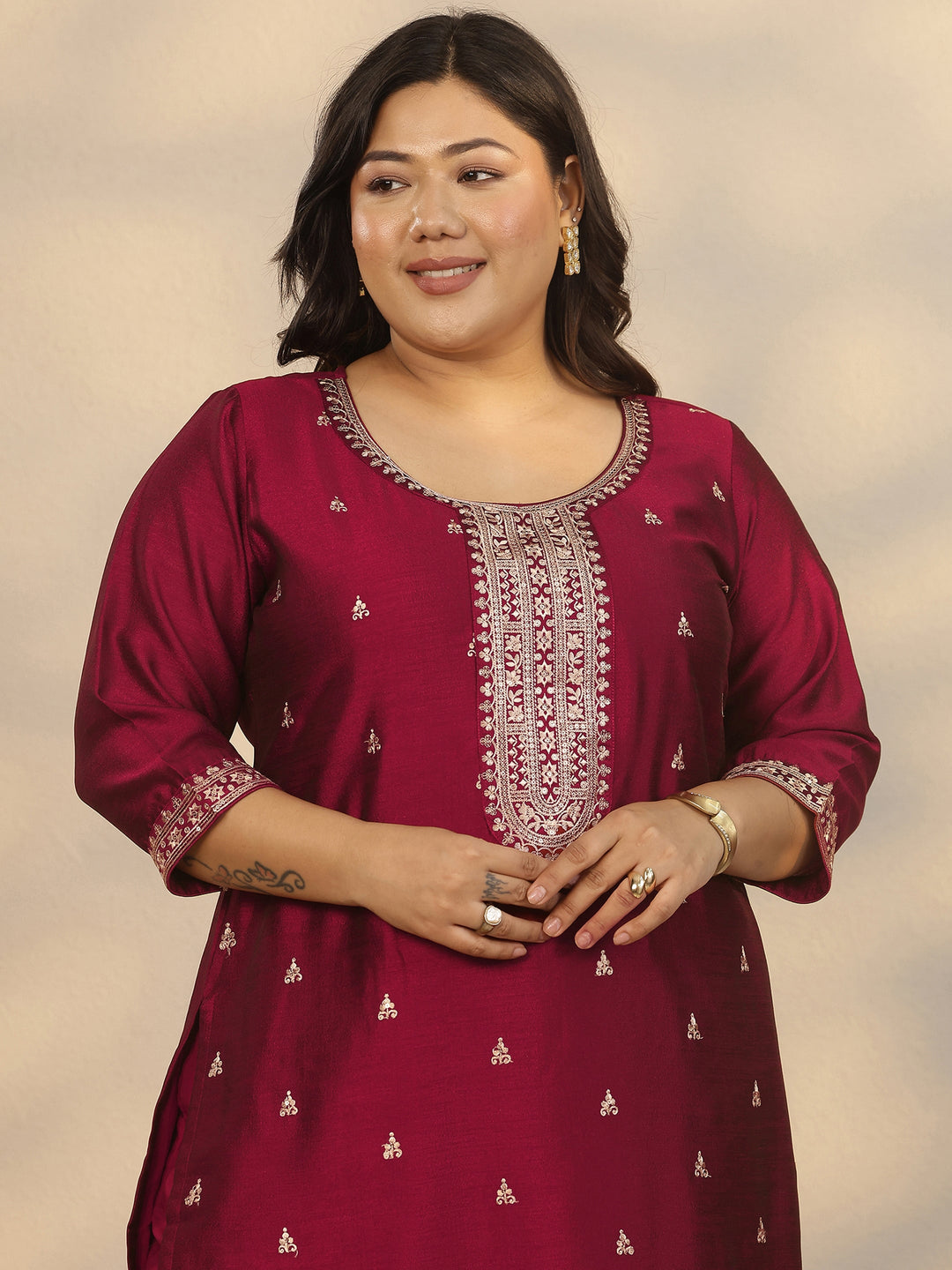 Plus Size Maroon Embroidered Silk Blend Straight Suit Set With Dupatta