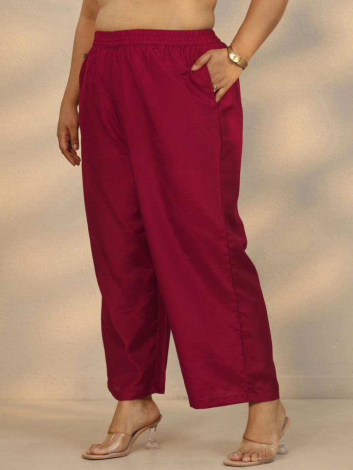 Plus Size Maroon Embroidered Silk Blend Straight Suit Set With Dupatta