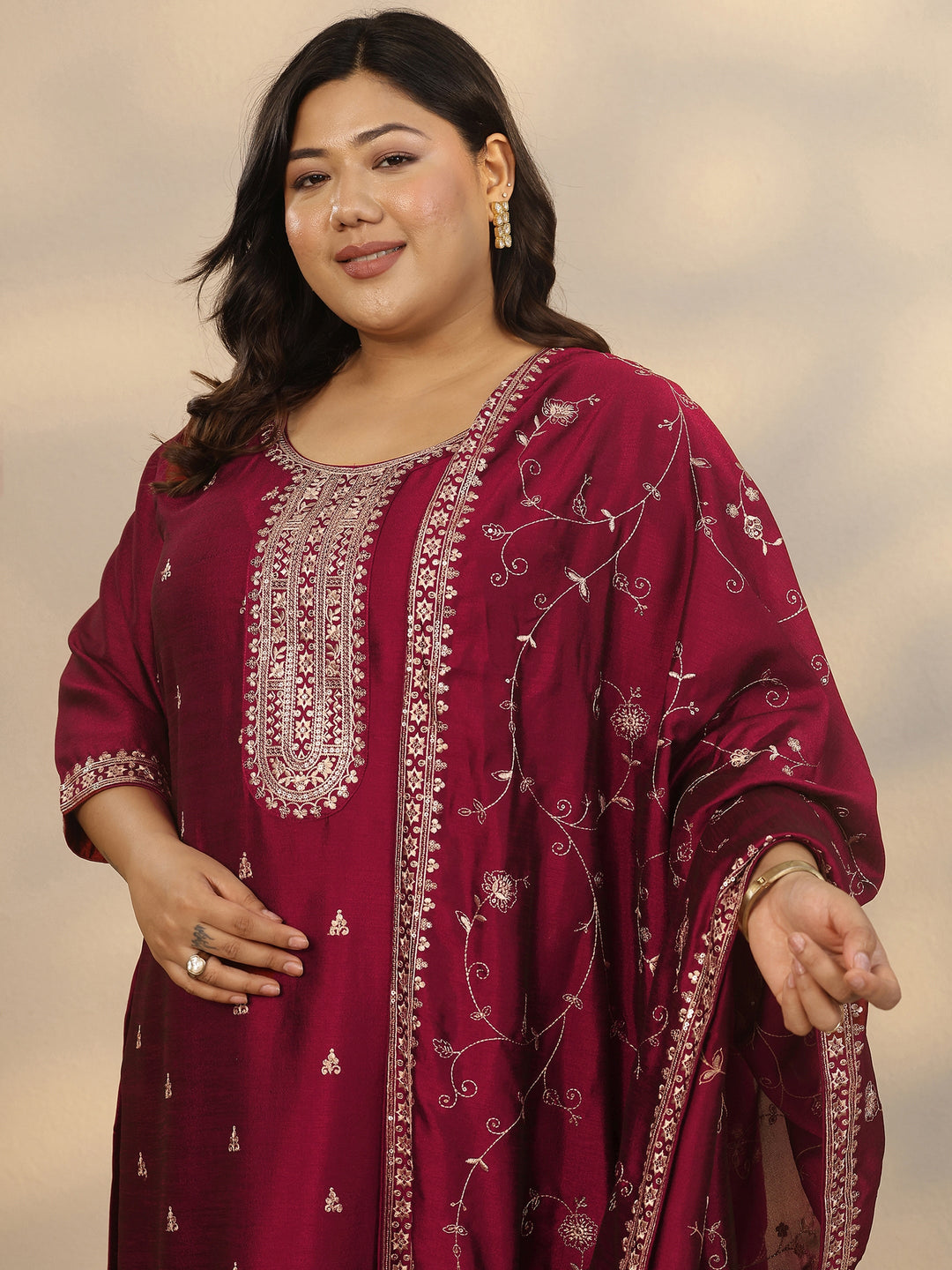 Plus Size Maroon Embroidered Silk Blend Straight Suit Set With Dupatta