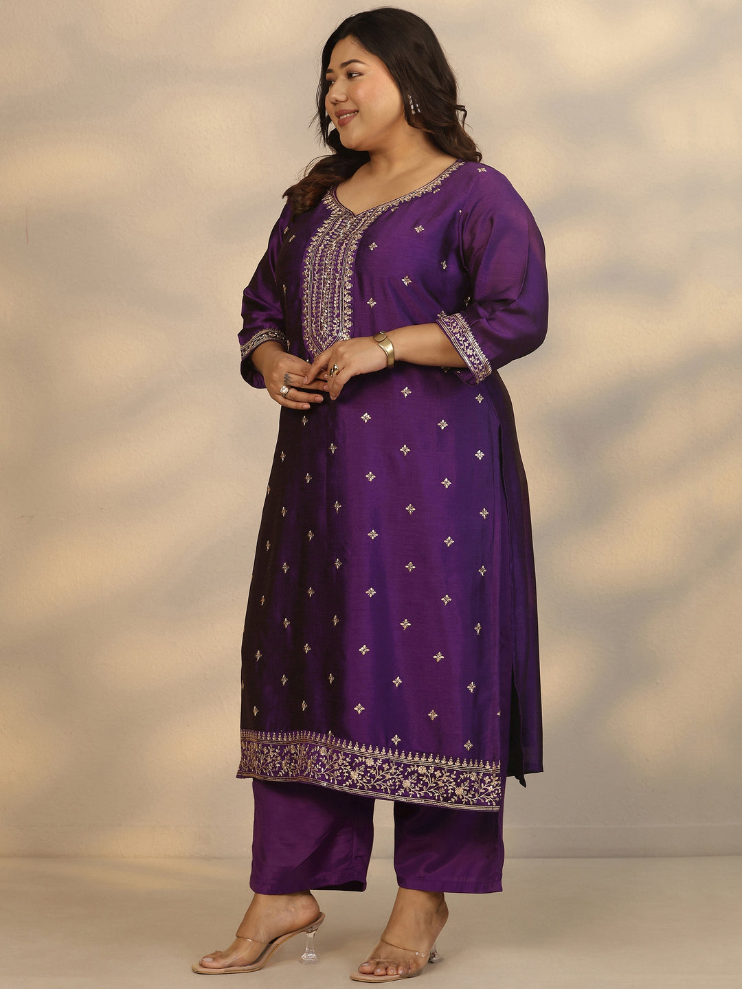 Plus Size Purple Embroidered Silk Blend Straight Suit Set With Dupatta