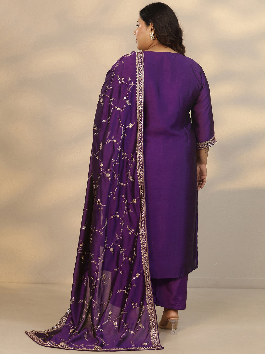 Plus Size Purple Embroidered Silk Blend Straight Suit Set With Dupatta