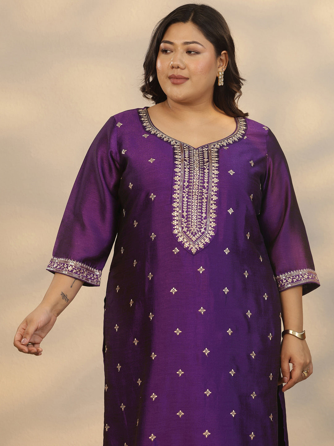 Plus Size Purple Embroidered Silk Blend Straight Suit Set With Dupatta