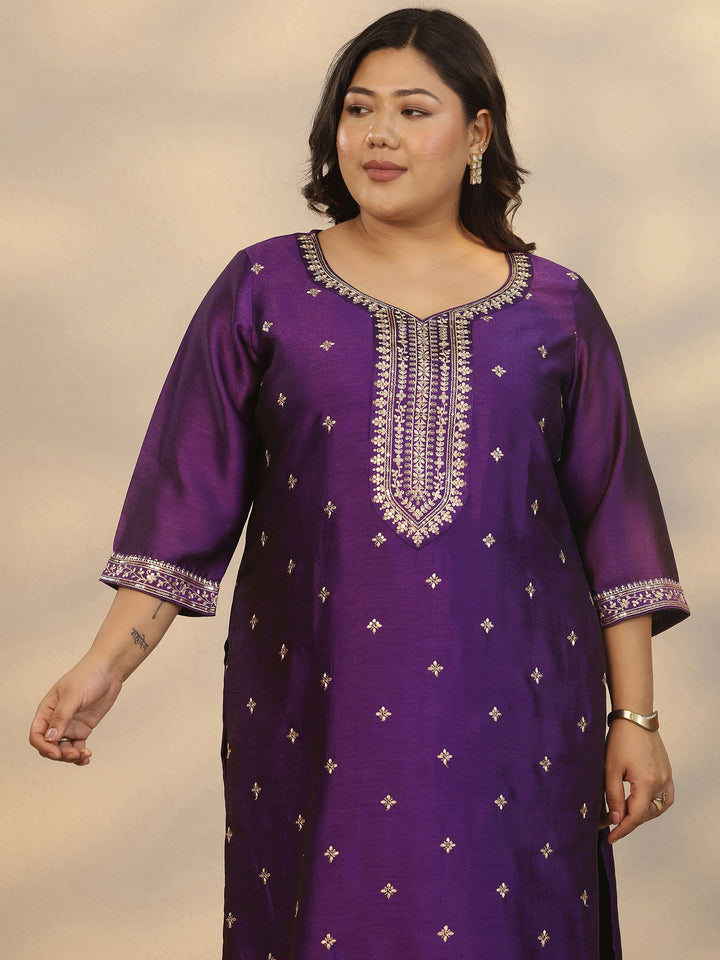 Plus Size Purple Embroidered Silk Blend Straight Suit Set With Dupatta