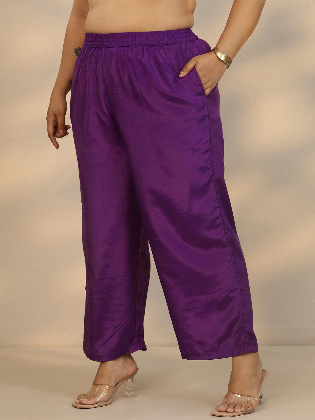 Plus Size Purple Embroidered Silk Blend Straight Suit Set With Dupatta