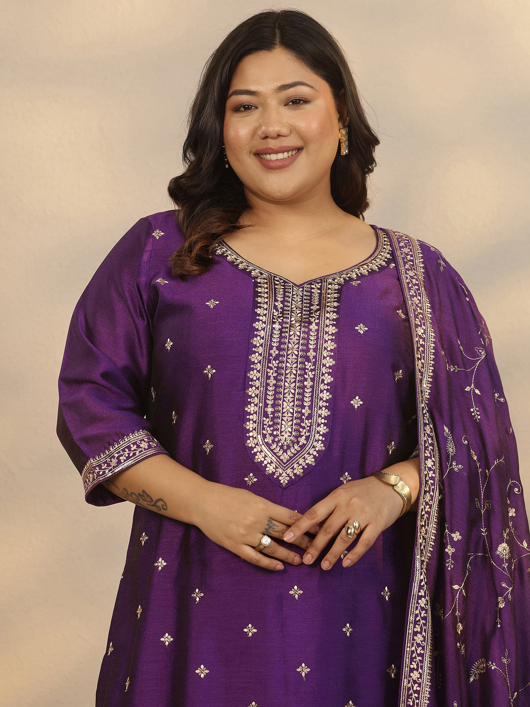 Plus Size Purple Embroidered Silk Blend Straight Suit Set With Dupatta