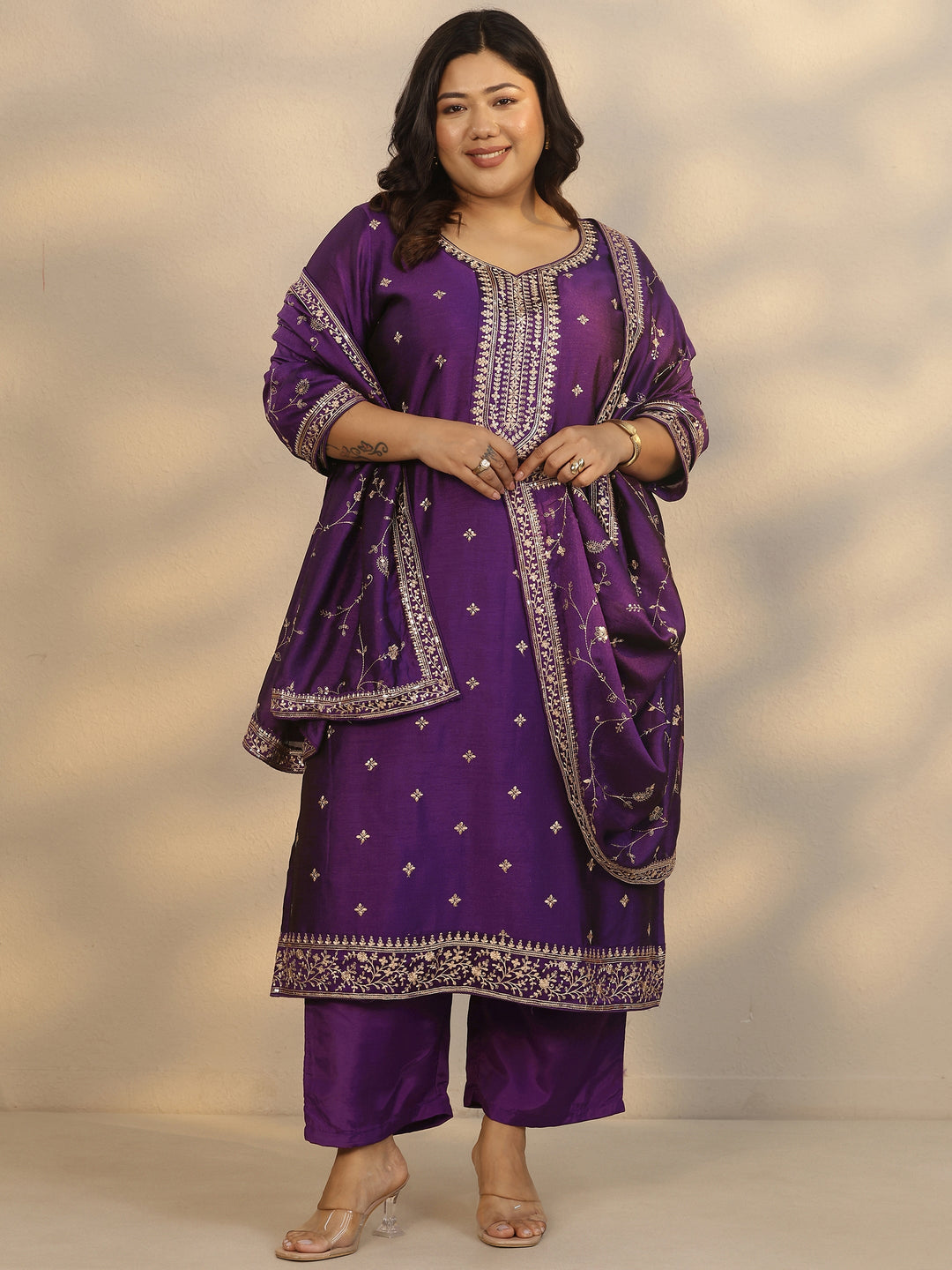 Plus Size Purple Embroidered Silk Blend Straight Suit Set With Dupatta