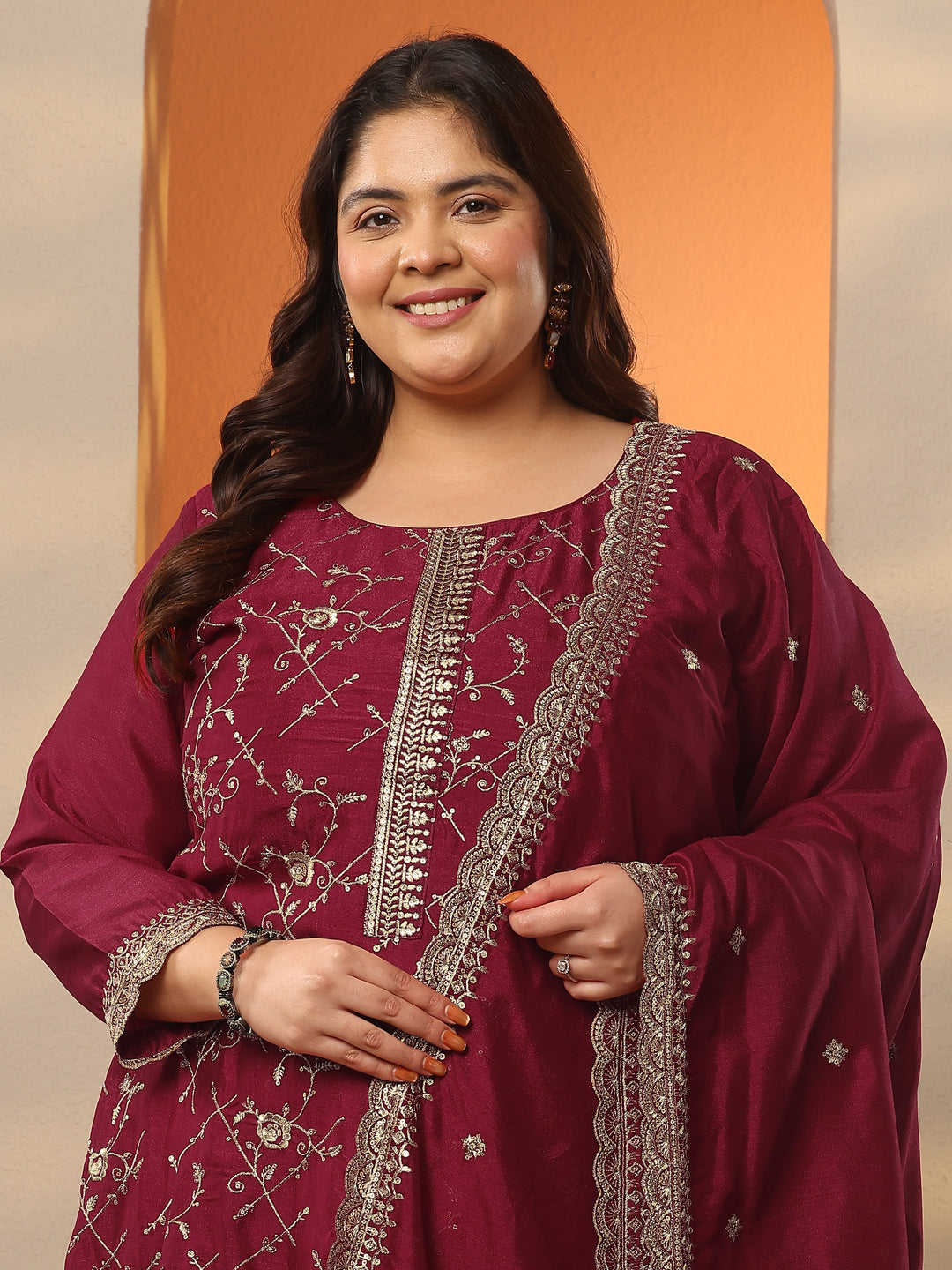 Plus Size Pink Embroidered Silk Blend Straight Suit Set With Dupatta