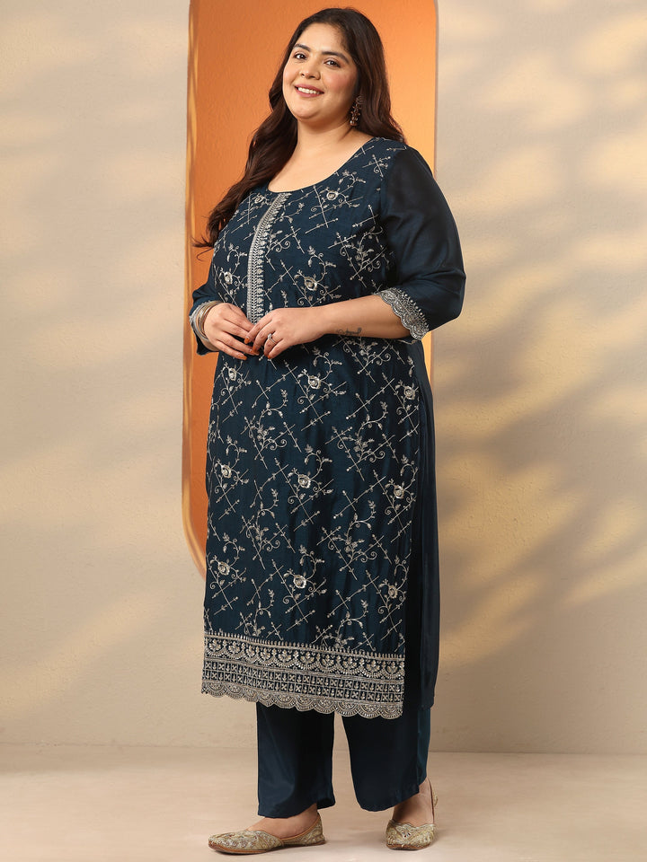 Plus Size Teal Embroidered Silk Blend Straight Suit Set With Dupatta