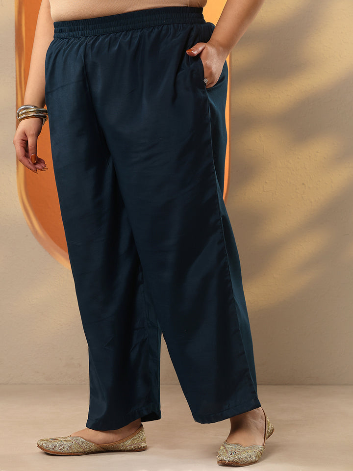 Plus Size Teal Embroidered Silk Blend Straight Suit Set With Dupatta