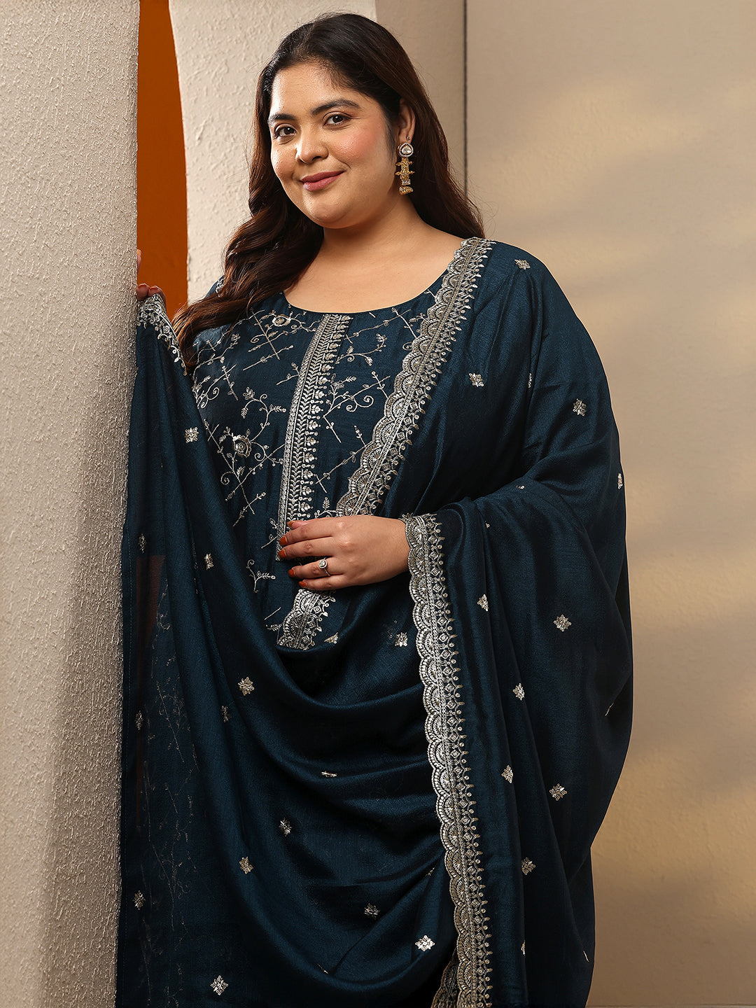 Plus Size Teal Embroidered Silk Blend Straight Suit Set With Dupatta