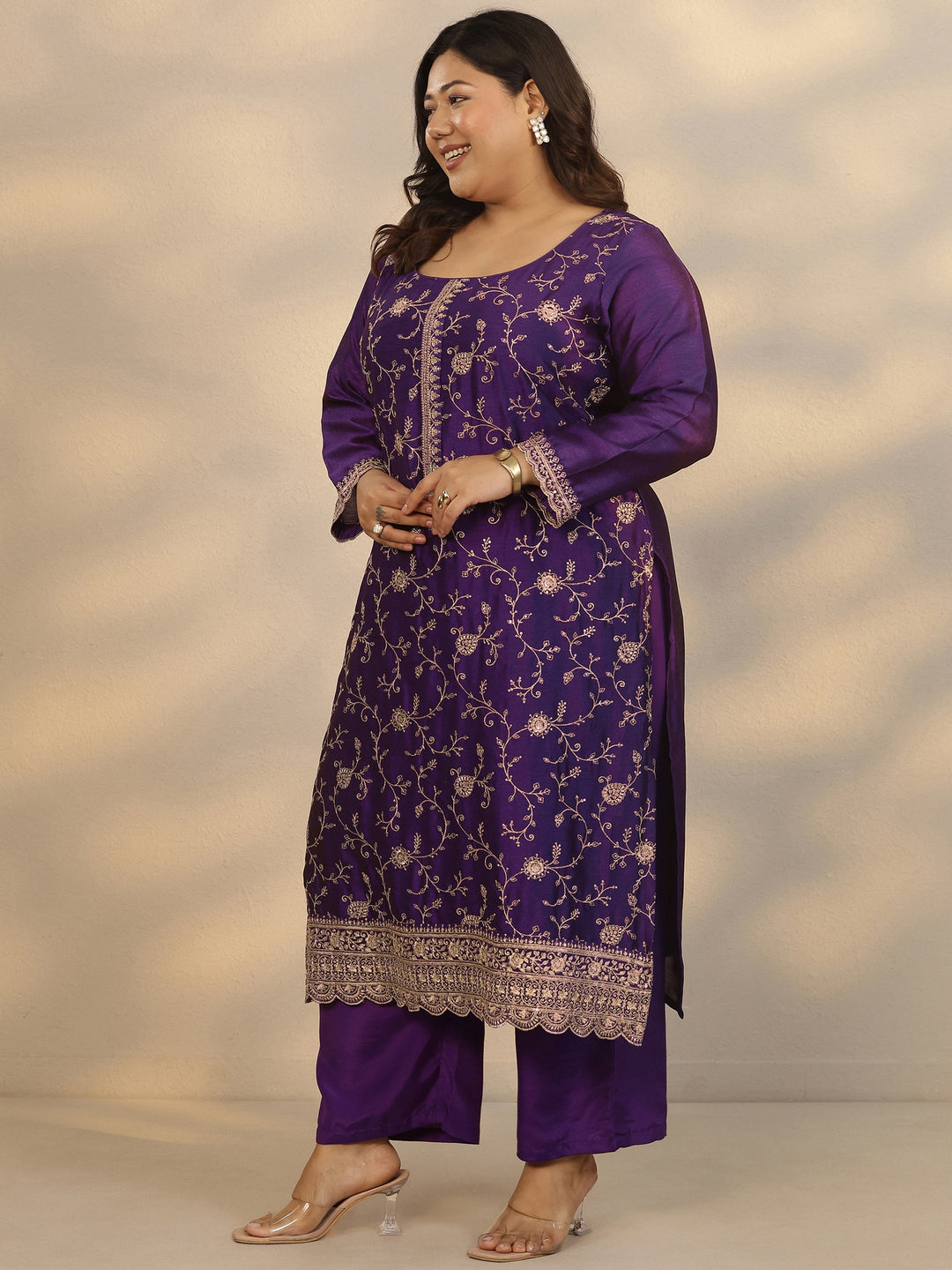 Plus Size Purple Embroidered Silk Blend Straight Suit Set With Dupatta