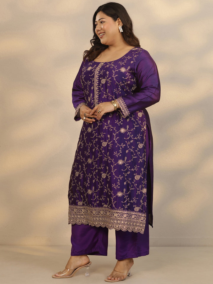 Plus Size Purple Embroidered Silk Blend Straight Suit Set With Dupatta