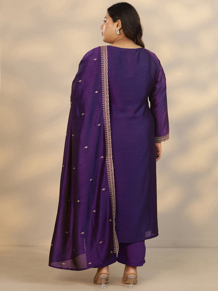 Plus Size Purple Embroidered Silk Blend Straight Suit Set With Dupatta