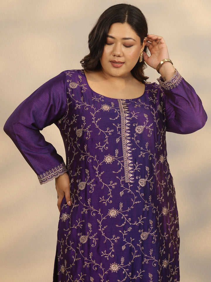 Plus Size Purple Embroidered Silk Blend Straight Suit Set With Dupatta