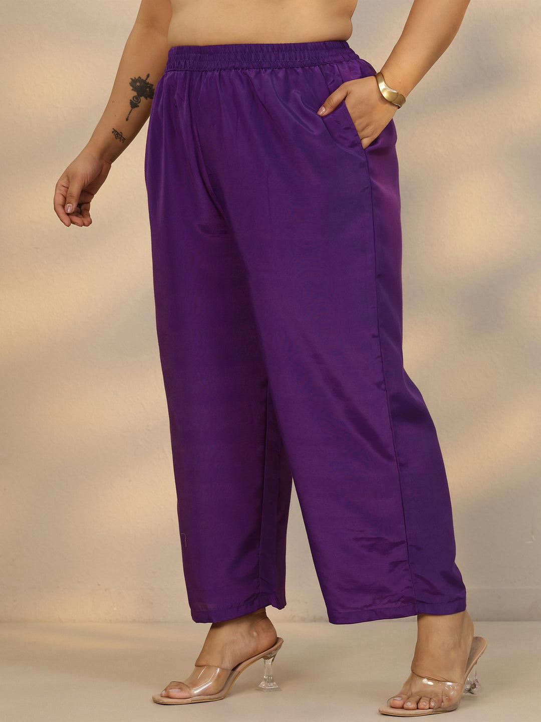 Plus Size Purple Embroidered Silk Blend Straight Suit Set With Dupatta