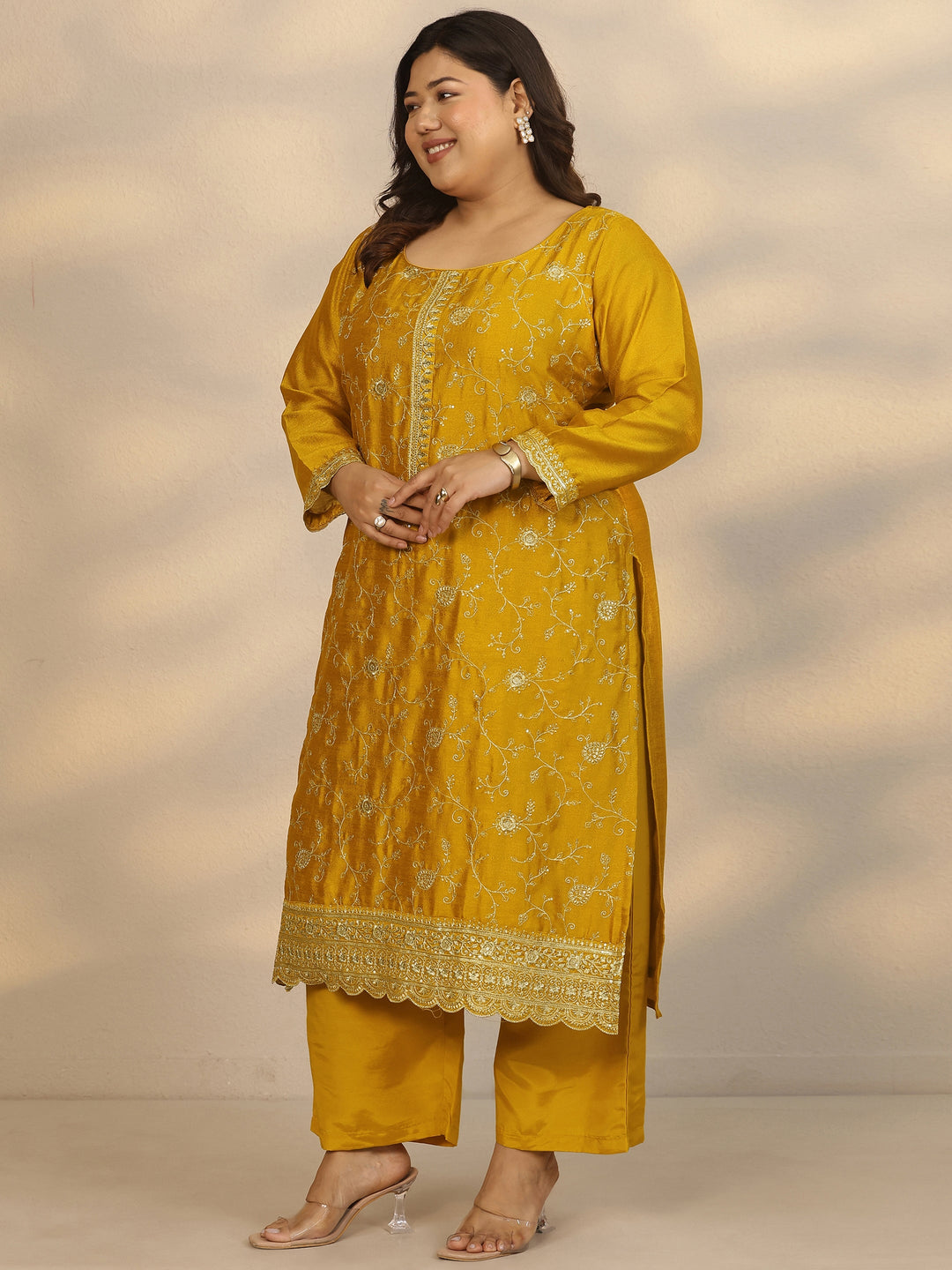 Plus Size Yellow Embroidered Silk Blend Straight Suit Set With Dupatta