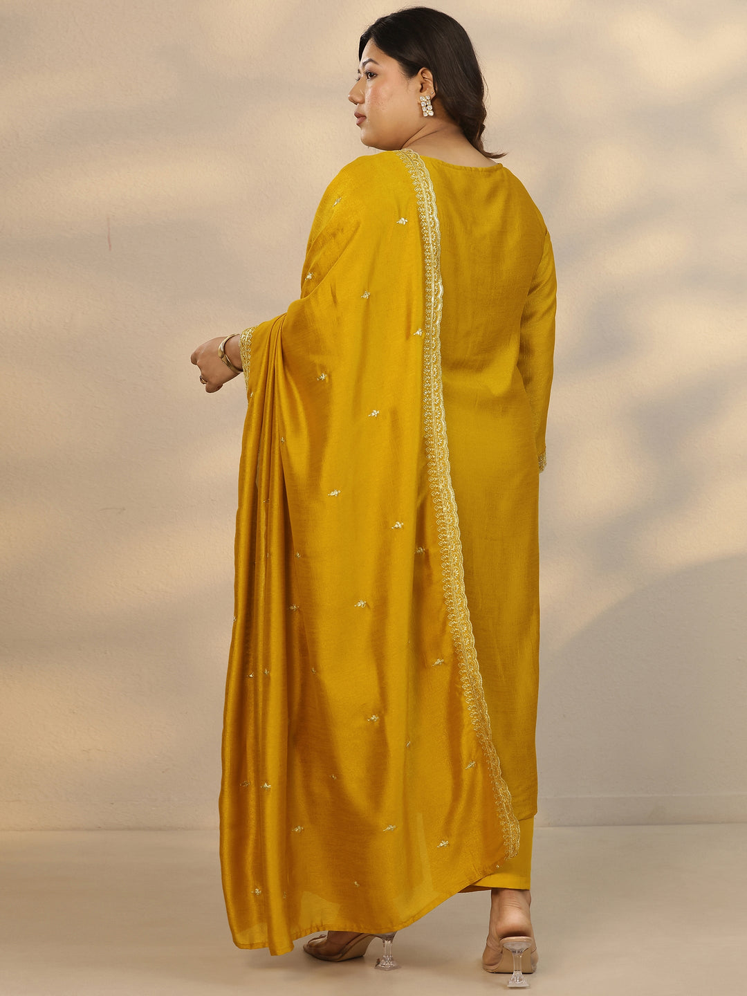 Plus Size Yellow Embroidered Silk Blend Straight Suit Set With Dupatta