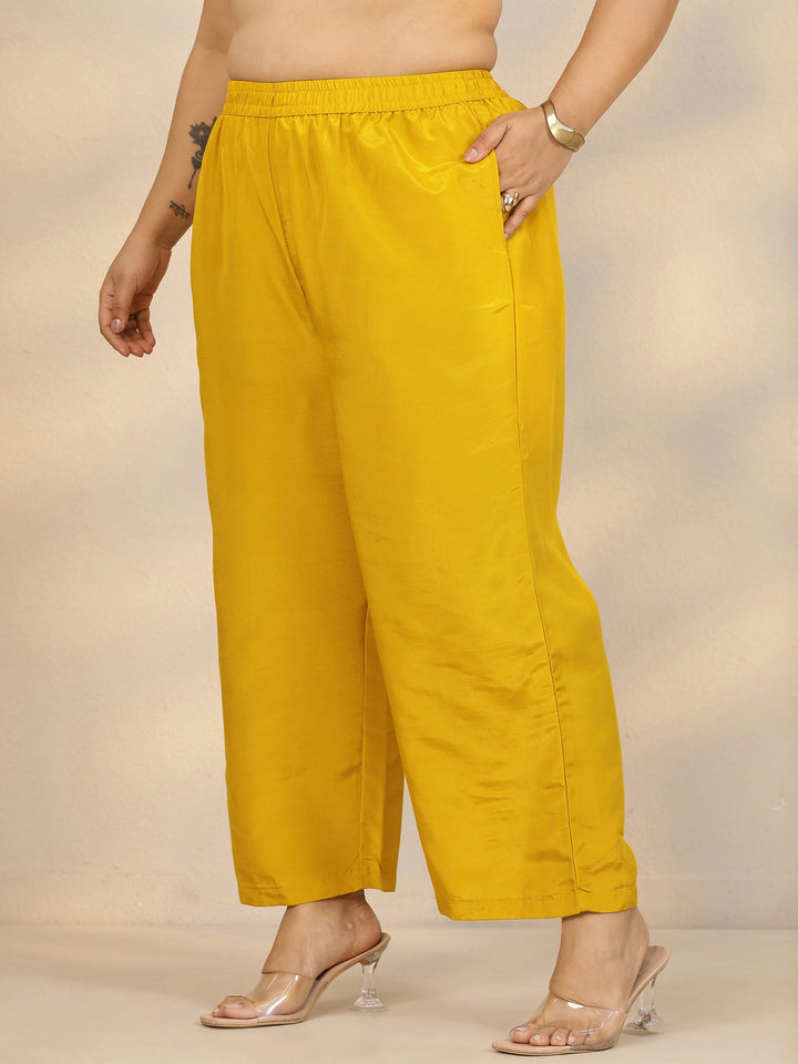 Plus Size Yellow Embroidered Silk Blend Straight Suit Set With Dupatta