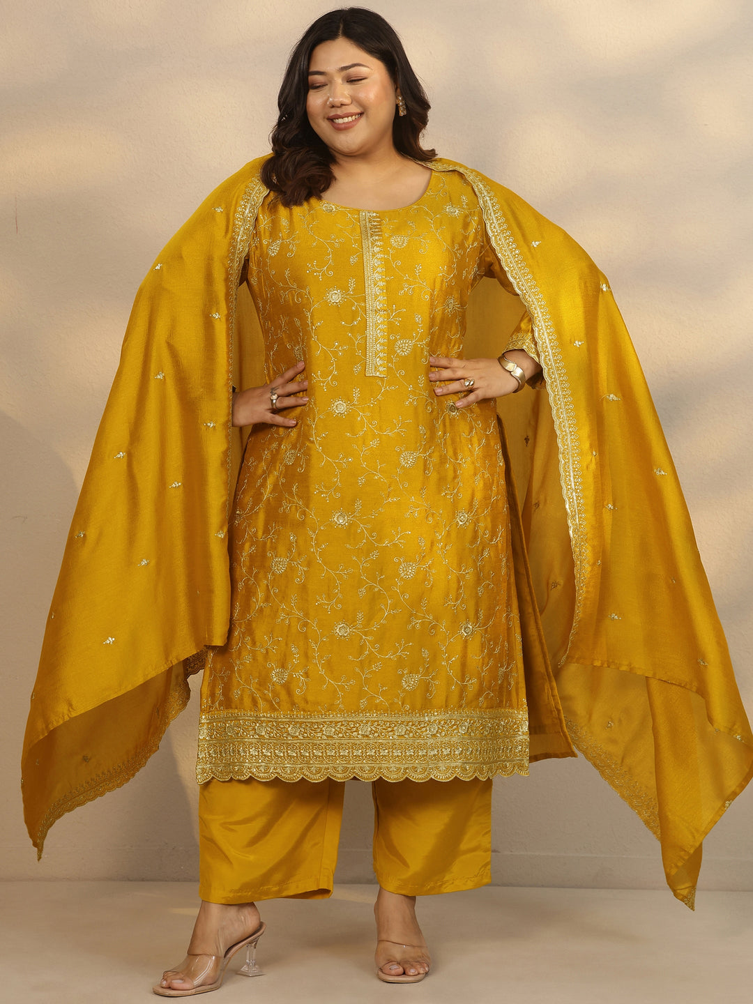 Plus Size Yellow Embroidered Silk Blend Straight Suit Set With Dupatta