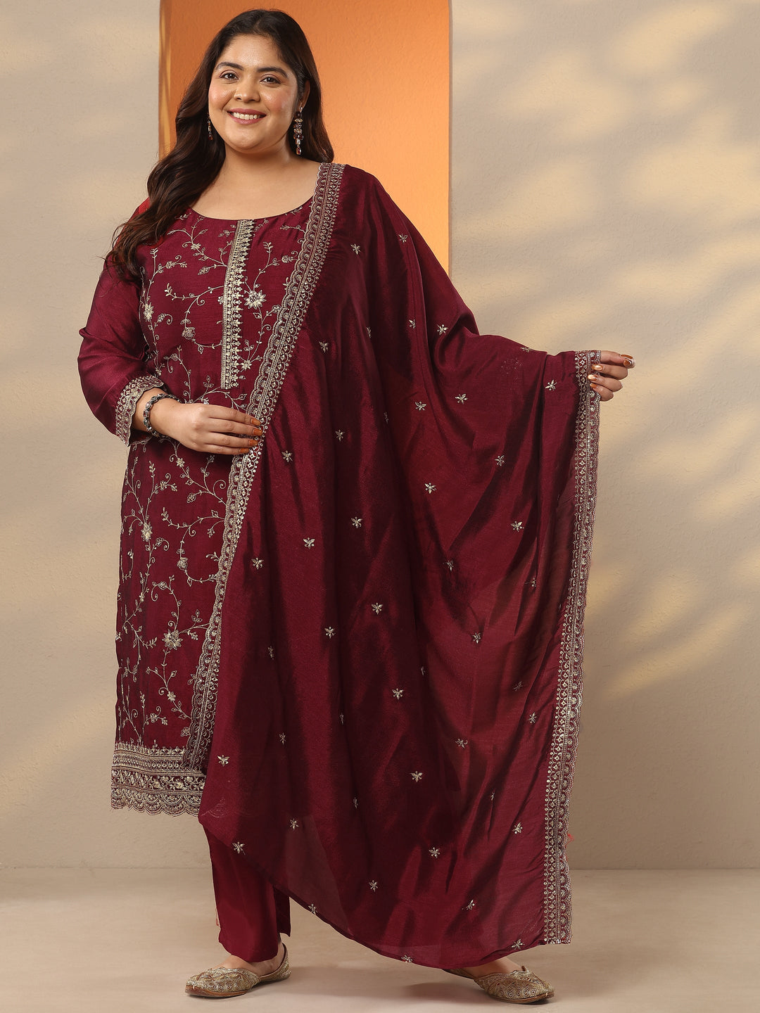 Plus Size Maroon Embroidered Silk Blend Straight Suit Set With Dupatta