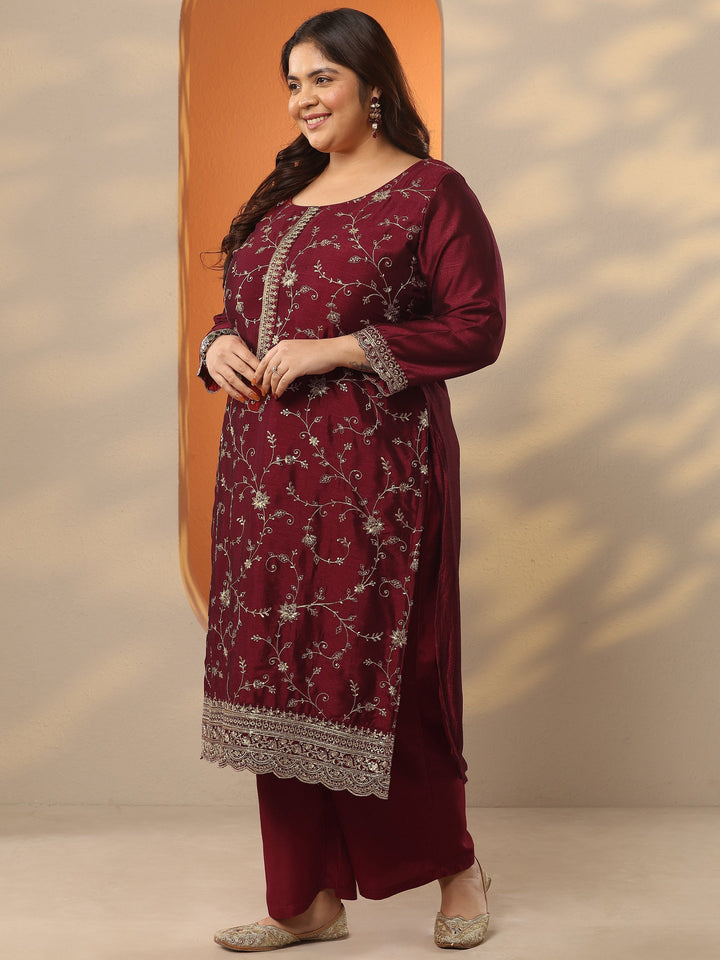 Plus Size Maroon Embroidered Silk Blend Straight Suit Set With Dupatta