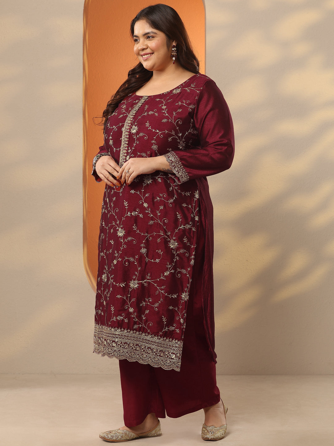 Plus Size Maroon Embroidered Silk Blend Straight Suit Set With Dupatta