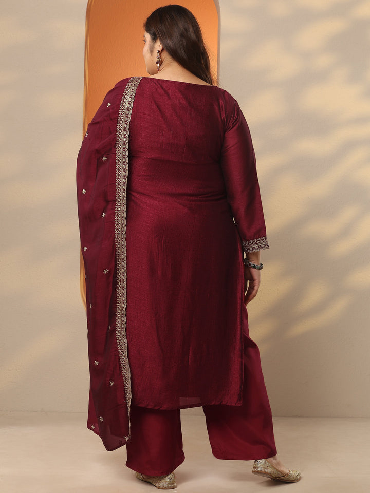 Plus Size Maroon Embroidered Silk Blend Straight Suit Set With Dupatta