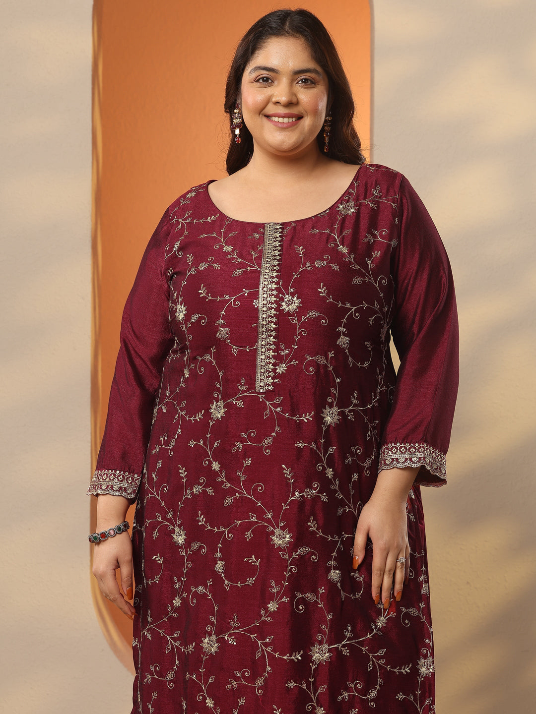 Plus Size Maroon Embroidered Silk Blend Straight Suit Set With Dupatta