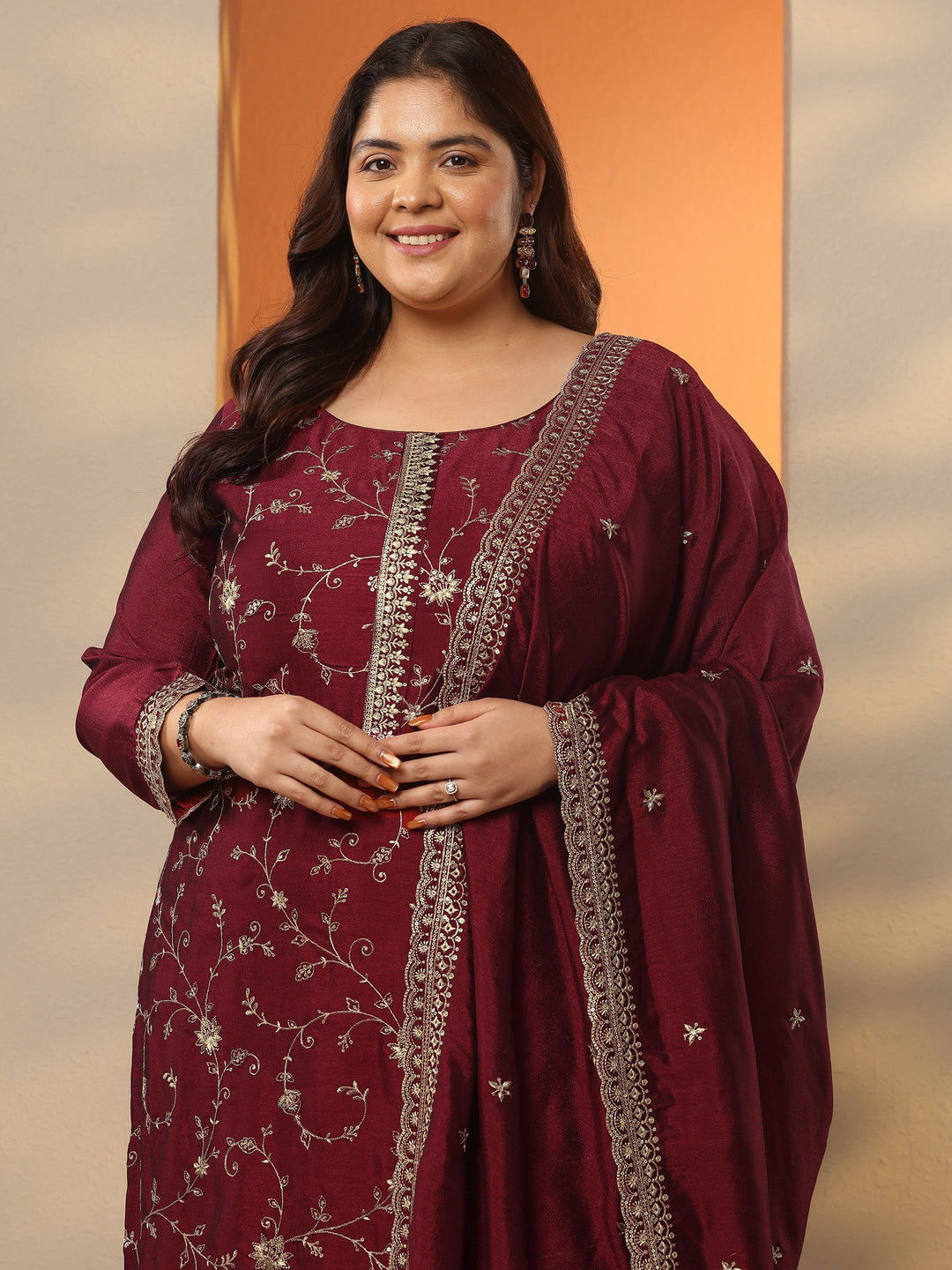 Plus Size Maroon Embroidered Silk Blend Straight Suit Set With Dupatta