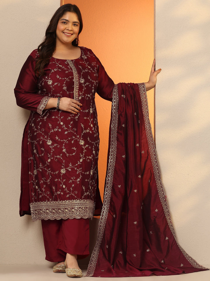 Plus Size Maroon Embroidered Silk Blend Straight Suit Set With Dupatta