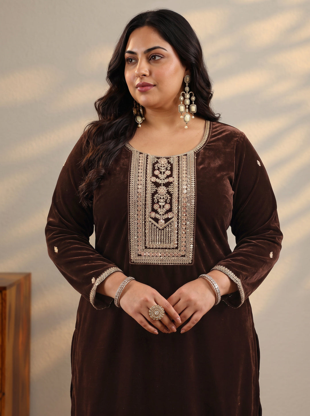 Plus Size Brown Embroidered Velvet A-Line Suit Set With Dupatta