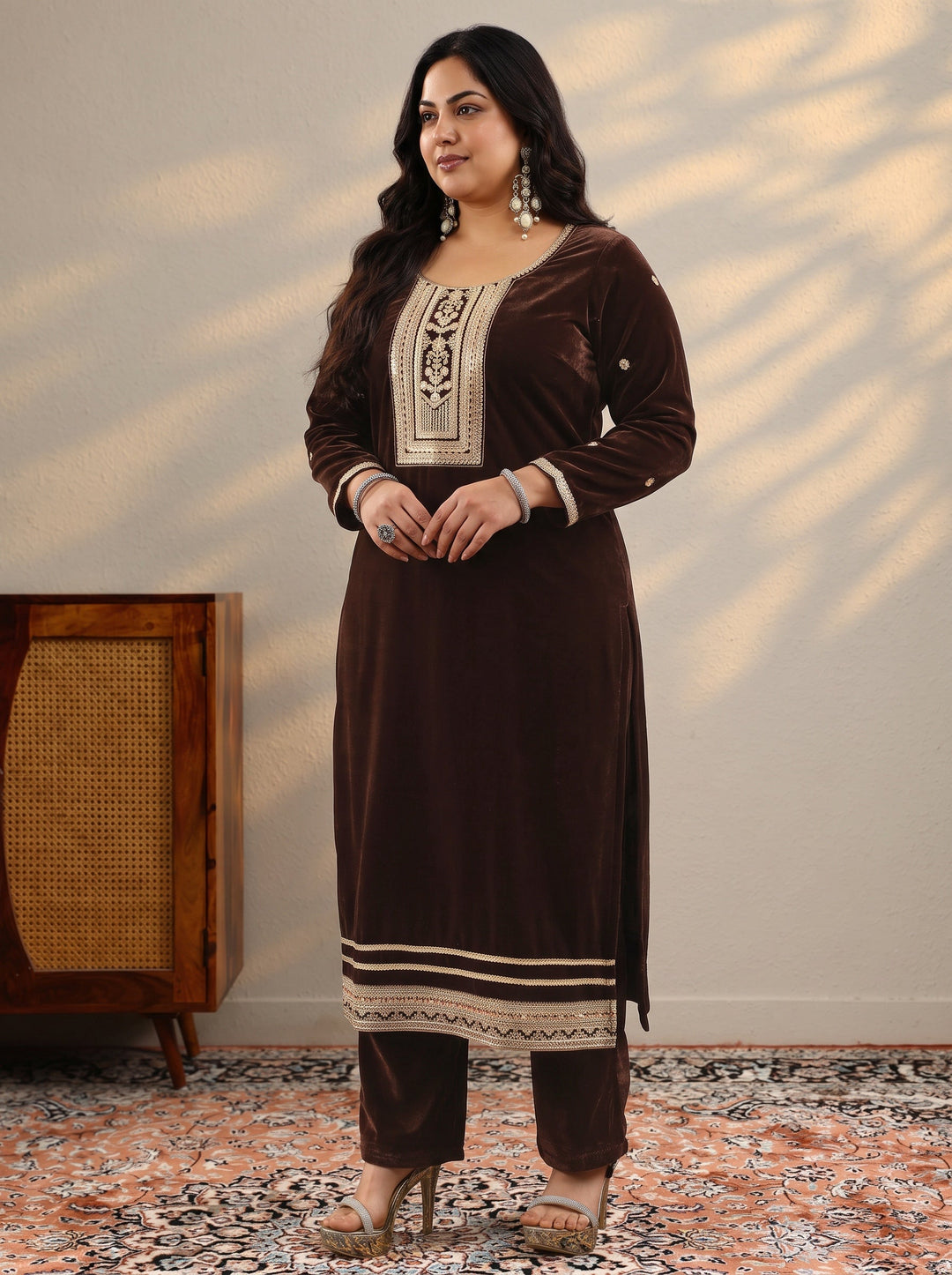 Plus Size Brown Embroidered Velvet A-Line Suit Set With Dupatta