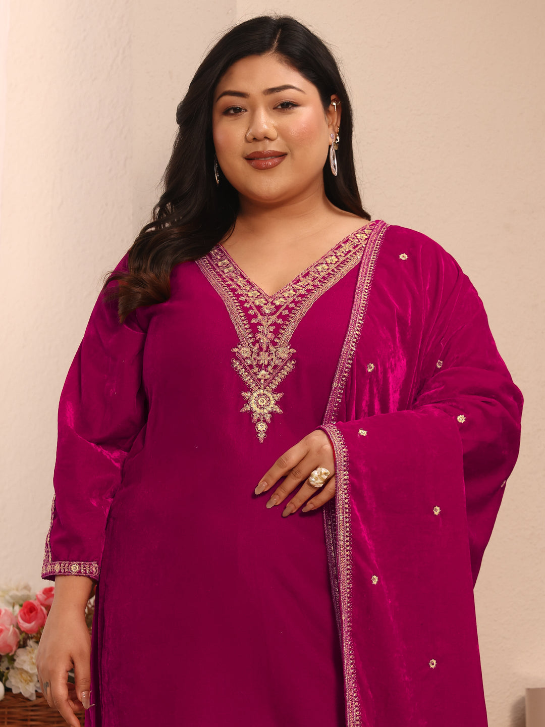 Plus Size Floral Embroidered Velvet Straight Suit Set With Dupatta