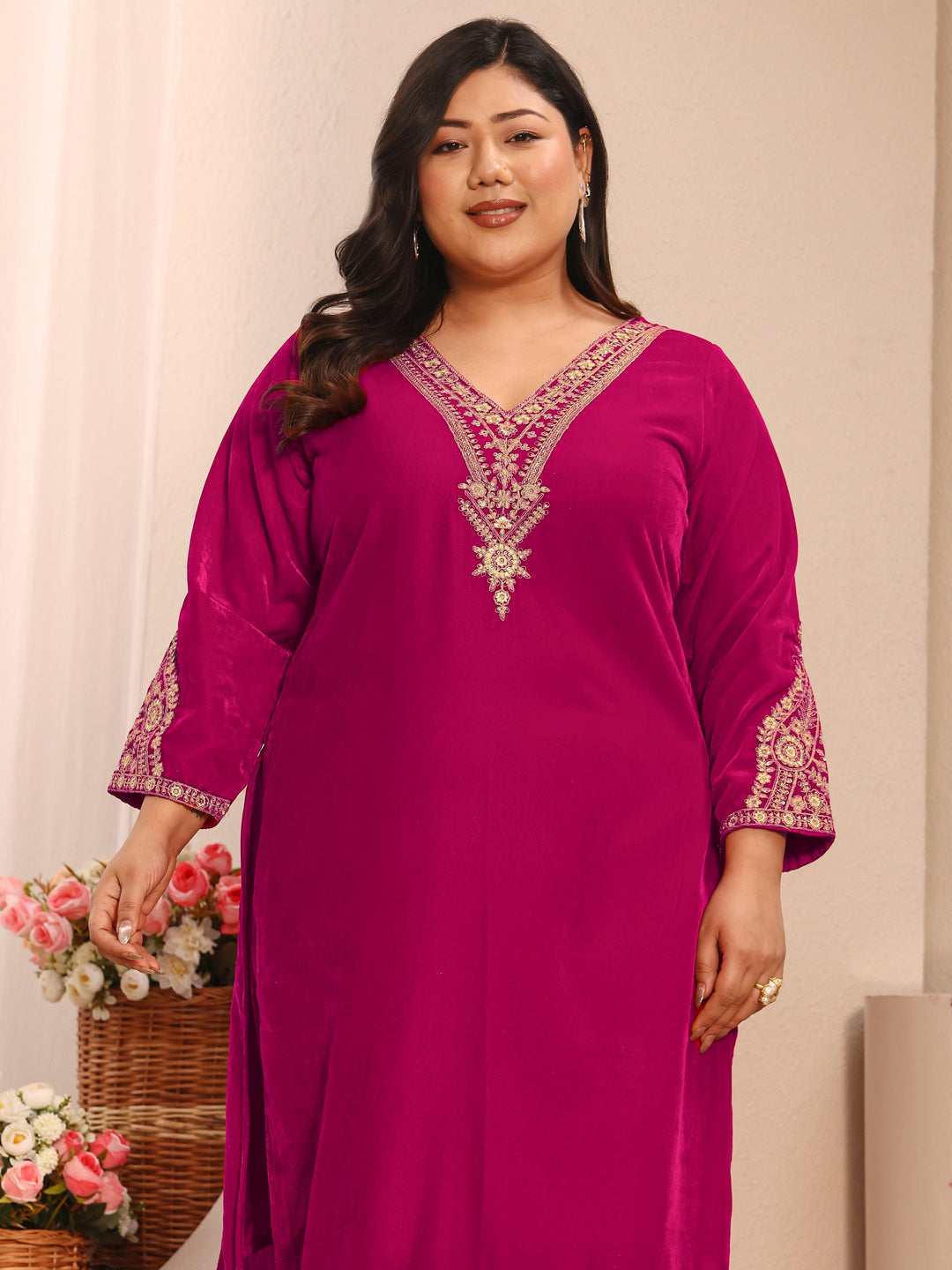Plus Size Floral Embroidered Velvet Straight Suit Set With Dupatta
