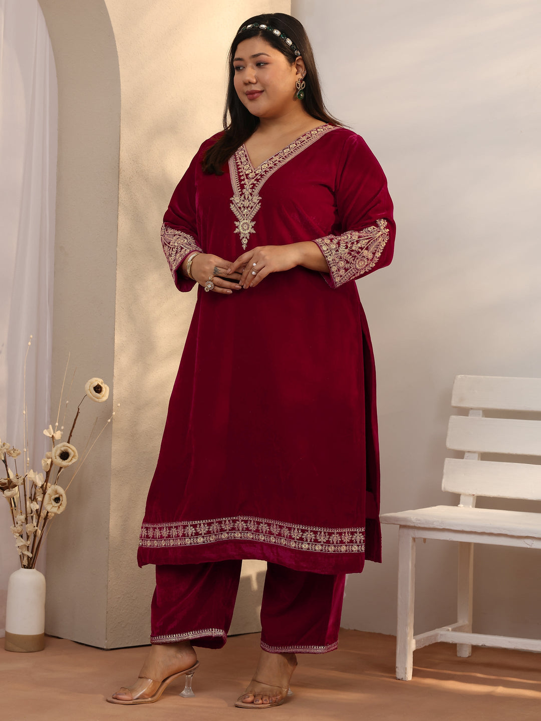 Plus Size Maroon Embroidered Velvet Straight Suit Set With Dupatta