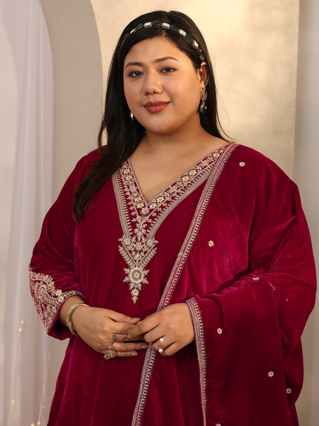 Plus Size Maroon Embroidered Velvet Straight Suit Set With Dupatta
