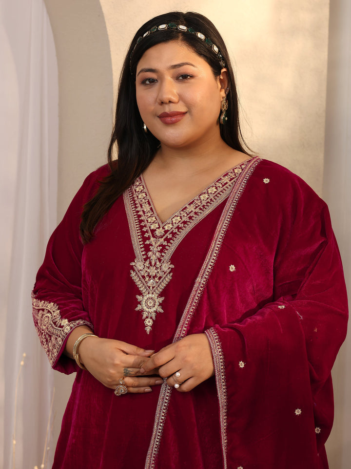 Plus Size Maroon Embroidered Velvet Straight Suit Set With Dupatta