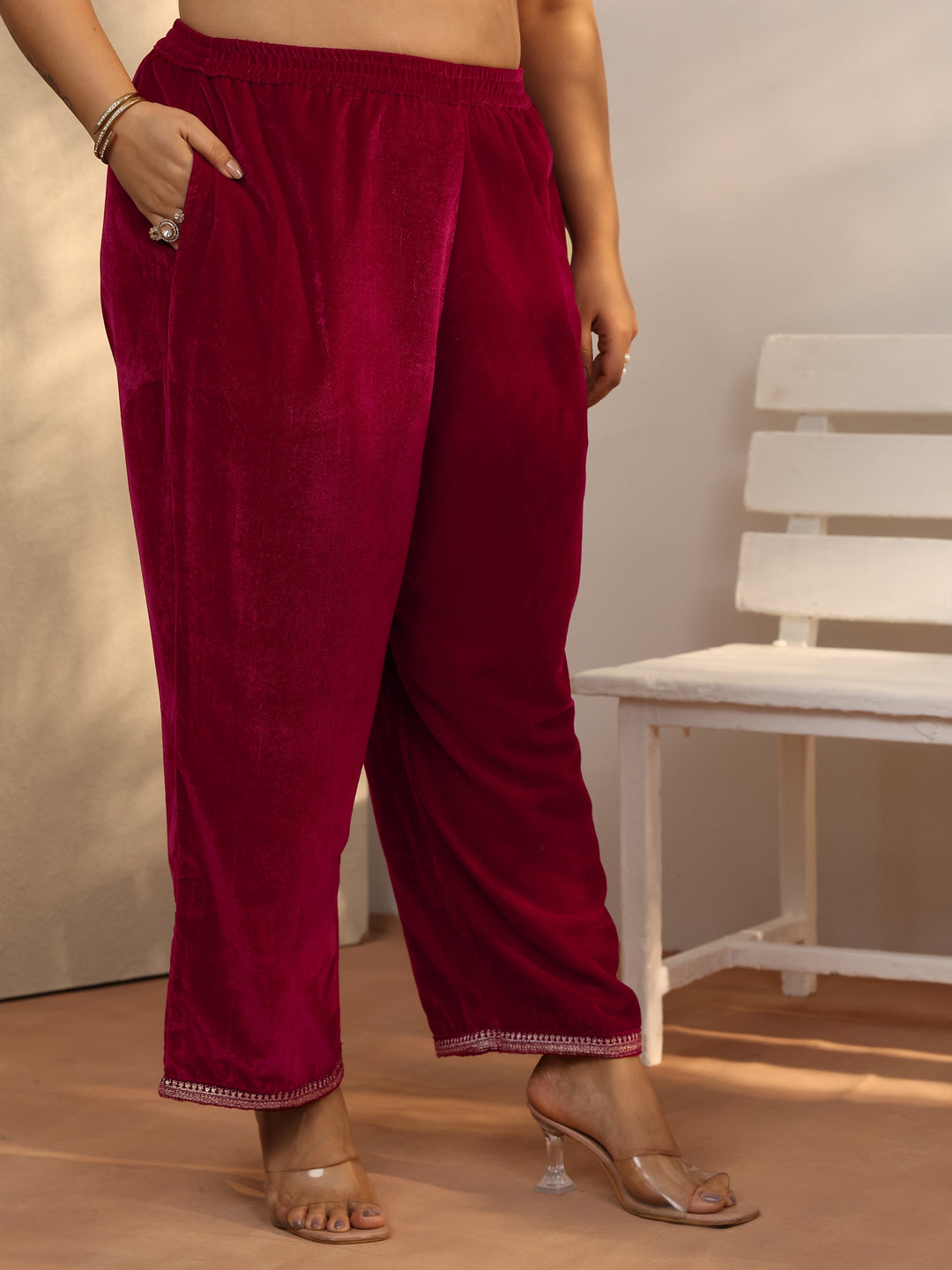 Plus Size Maroon Embroidered Velvet Straight Suit Set With Dupatta